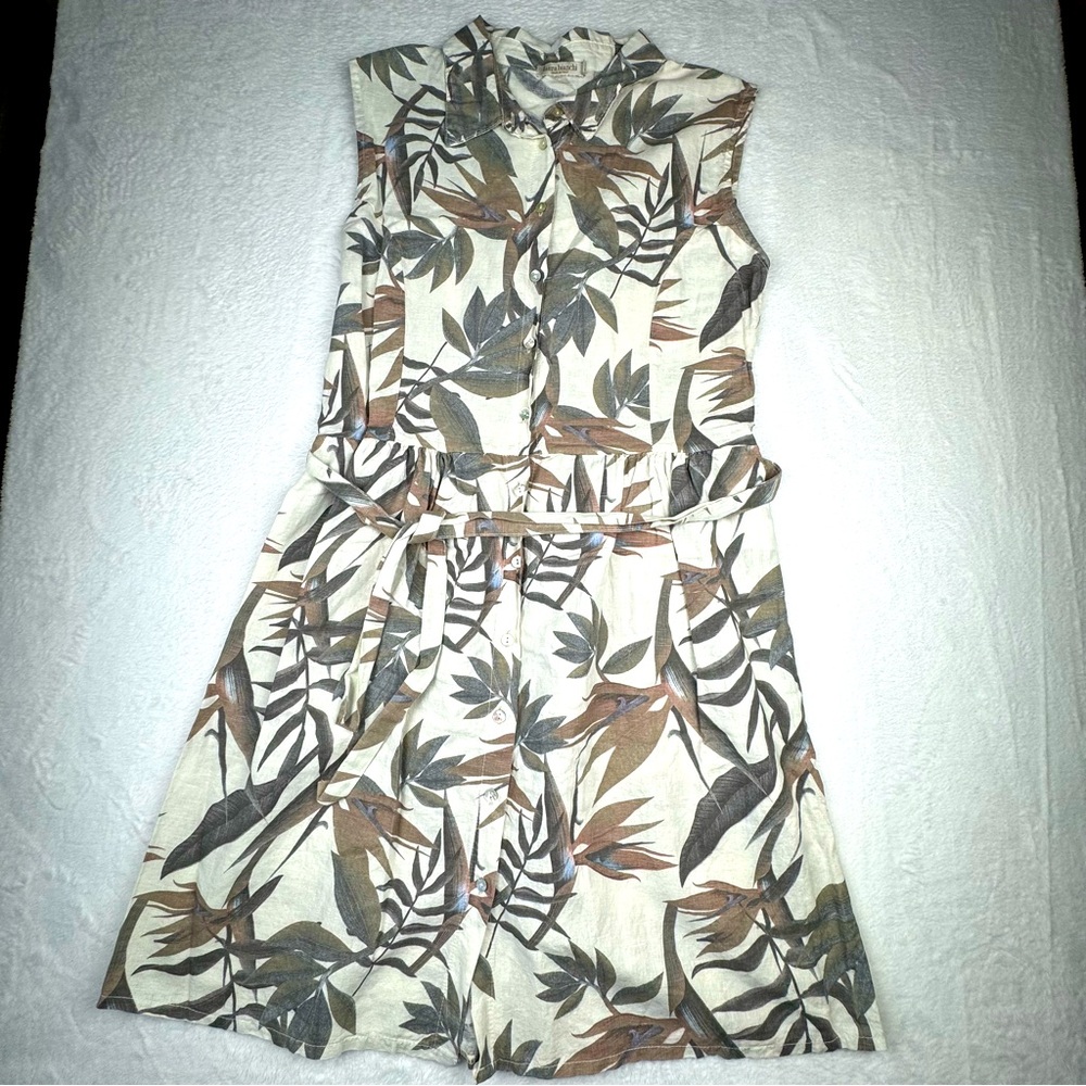 Laura Bianchi made in Italy 100% Linen Dress. Leaf pattern. Belted.